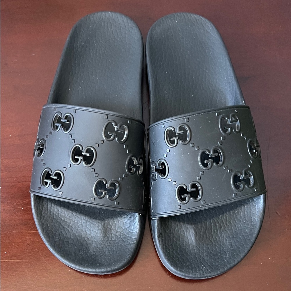 Gucci Black Embossed Slide Sandals